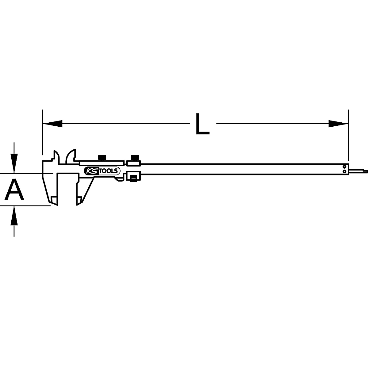 Technische Zeichnung einer Messschieber mit Maßangaben A und L. Aufschrift: KS TOOLS.